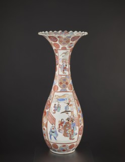 Vase, Arita, Japan; colored porcelain vessel decorated with dragons, figurative scenes, geometric