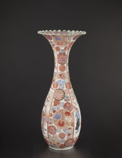 Vase, Japanese; colored porcelain with dragons, figurative scenes, geometric decorations, peonies,