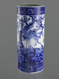 Umbrella vase, ceramics, herons iconography, plum trees, Japanese art, decorative vessel, Meiji