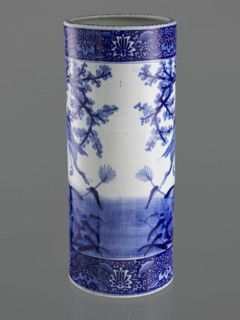 Umbrella vase, ceramics, herons iconography, plum trees, Japanese art, vases, Japanese culture,