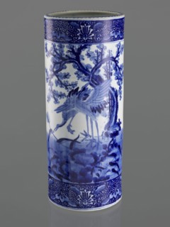 Umbrella vase, ceramics, herons iconography, plum trees, Japanese art, vases, Japanese culture,