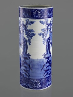 Umbrella vase, ceramics, herons iconography, plum trees, Japanese art, decorative vessel, Meiji