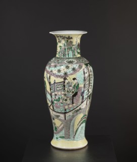 Vase, park scenes with architecture, enamel paints, Chinese art, Chinese culture, ceramics,