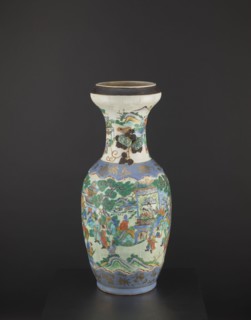 Vase, colored porcelain with figurative scenes and plant ornaments, depicting warriors and knightly