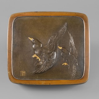 Box with a lid, Jômi, Eisuke I 1839-1899 artist; geese, grass; rectangular box with rounded