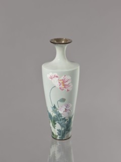 Vase, gift, cloisonné enamel, Symmetrical decoration: blooming poppies on a grey-blue background;