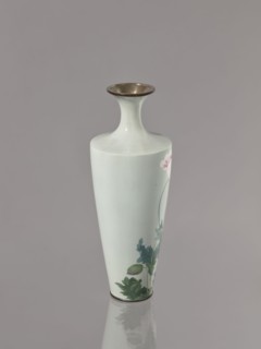 Vase, cloisonné enamel; symmetrical decoration of blooming poppies on a grey-blue background;