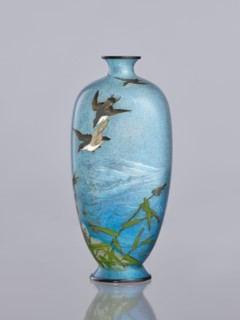 Vase, Tomiki, Shôbei fl. ca. 19th/20th century,  craftsman author; chidori birds, cloisonné enamel,
