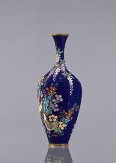 Vase, cloisonné enamel, ovoid with elongated body and long thin neck slightly flared at the spout;