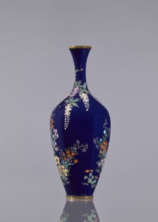 Vase, cloisonné enamel, wisteria, hens, flowers, roosters iconography, Japanese art, Meiji