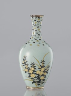 Vase with a thin, very slightly flared neck. Decoration of flowers and butterflies in cloisonné