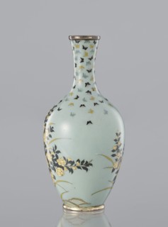 Vase, Cloisonné enamel with flowers and butterflies on a pale blue-gray background. Meiji–Taisho