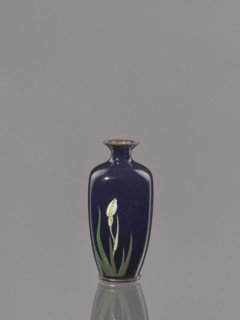 Vase, Ovoid cloisonné enamel vase with a short, thin, flared neck; dark blue background decorated