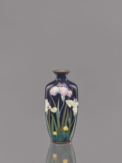 Vase, Ovoid vase with a short, thin, flared neck. Cloisonné enamel with a dark blue background and