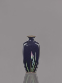 Vase, ovoid cloisonné enamel vase with a short, thin, flared neck; dark blue background decorated