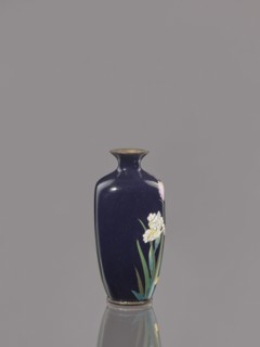 Vase, Ovoid cloisonné enamel vase with a short, thin, flared neck, dark blue background decorated