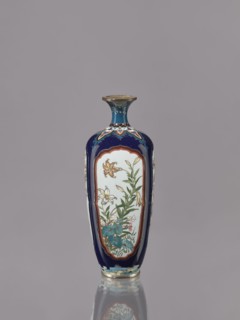 Vase, gift, revindication noted. Ovoid, elongated cloisonné enamel vase with a short, thin,