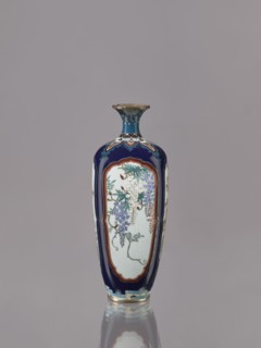 Vase, Ovoid, elongated cloisonné enamel vase with a short, thin, strongly flared neck. Decoration: