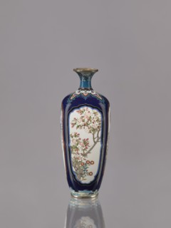 Vase, Ovoid elongated cloisonné enamel vase with a short, thin, strongly flared neck. Decoration: