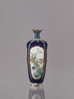 Vase, ovoid elongated cloisonné enamel vase with short, thin, strongly flared neck. Decoration: