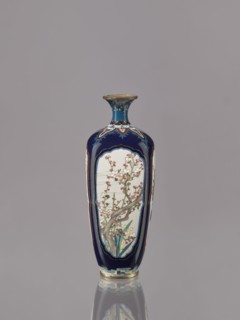 Vase, Ovoid elongated cloisonné enamel vase with a short, thin, strongly flared neck. Decoration: