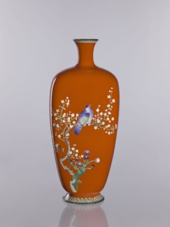 Vase, cloisonné enamel; decorated with chrysanthemums, cherries, and birds; Meiji–Taisho period, ca