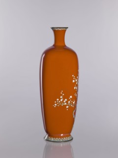Vase, cloisonné enamel vessel depicting chrysanthemums, cherries, and birds; Japanese, Meiji–Taisho