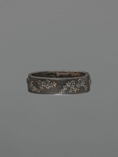Metal collar ending a sword hilt fuchi, Decoration: flowers and trees, grained background, gold and