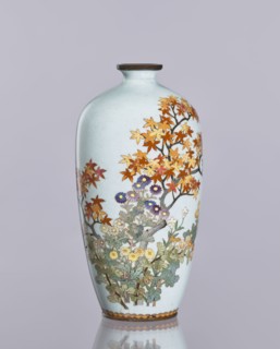 Vase, cloisonné enamel, chrysanthemums and maples, plant ornaments; Ovoid elongated vase with