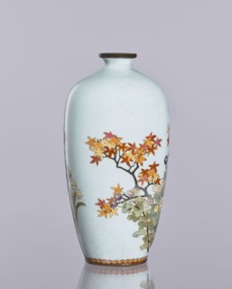 Vase, cloisonné enamel; chrysanthemums and maples plant ornament; decorative ovoid vase, elongated