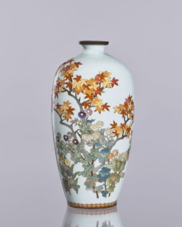 Vase, cloisonné enamel; ovoid vase, elongated with a narrow spout; decorated with chrysanthemums