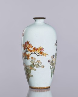 Vase, cloisonné enamel, ovoid elongated form with a narrow spout, decorated with chrysanthemums,