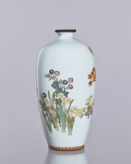 Vase, cloisonné enamel; ovoid vase, elongated with a narrow spout; chrysanthemums and maples