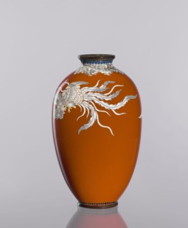 Vase, cloisonné enamel, phoenixes and plant ornaments, dark brick-red background of decoration, ca.