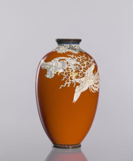 Vase, cloisonné enamel vessel with phoenixes and plant ornaments on a dark brick-red background;