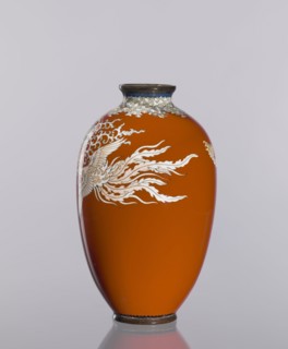 Vase, cloisonné enamel, decorated with phoenixes and plant ornaments on a dark brick-red