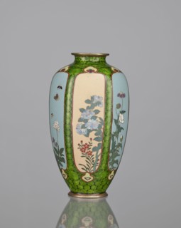 Vase, cloisonné enamel, floral pattern with butterflies and dense green floral rosettes in reserved