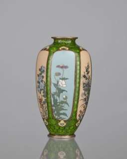 Vase, cloisonné enamel, floral pattern with butterflies and plant ornaments; Meiji period