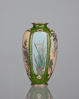 Vase, cloisonné enamel, floral pattern with butterflies and dense green floral rosettes in reserved