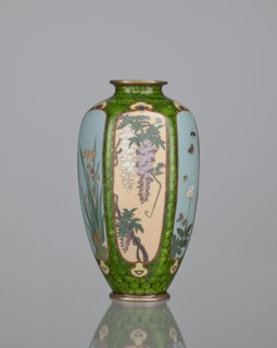 Vase, cloisonné enamel, floral pattern with butterflies and plant ornaments; background of