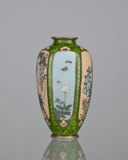 Vase, cloisonné enamel, floral pattern with butterflies and dense green floral rosettes in