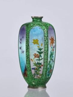 Vase, Elongated hexagonal cloisonné enamel vase with a narrow spout. Decoration: small, densely