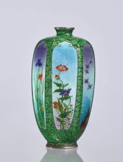 Vase, Elongated hexagonal cloisonné vase with a narrow spout. Decoration: small, densely spaced