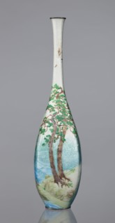 Vase by Kawaguchi Bunzaemon 1860–post 1910, craftsman. Slender cloisonné enamel vase with a long