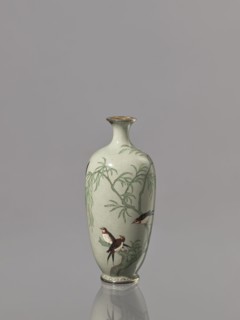 Vase with a short, thin, flared neck. Decoration: gray-green background with plants and swallows