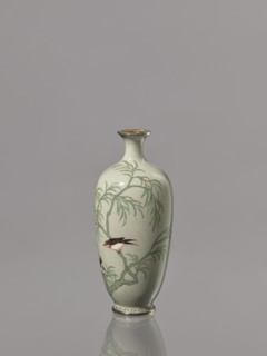 Vase, Cloisonné enamel vase with a short, thin, flared neck. Decoration of plants and swallows on a
