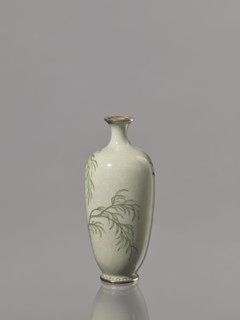 Vase with a short, thin, flared neck. Decoration with swallows and plants on a gray-green
