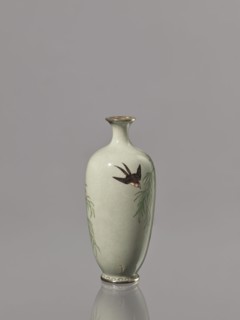 Vase, Cloisonné enamel vase with a short, thin, flared neck. Decoration of swallows, plants, and