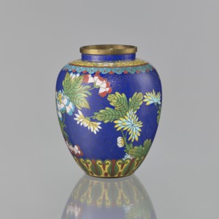 Vase, cloisonné enamel, Chinese art; plant ornament featuring peonies and a meander motif;
