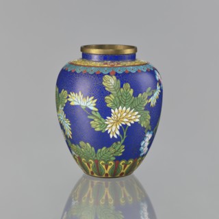 Vase, cloisonné enamel, Chinese art; ornament: plants peonies and meander motif; oval-shaped vase